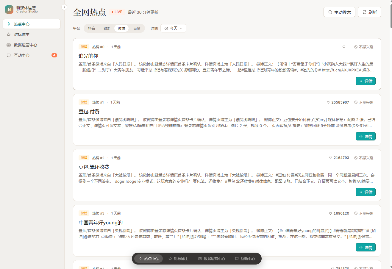 AIGC内容运营系统（不对外，有需要可联系展示） - 收集全网热点并提供分析意见