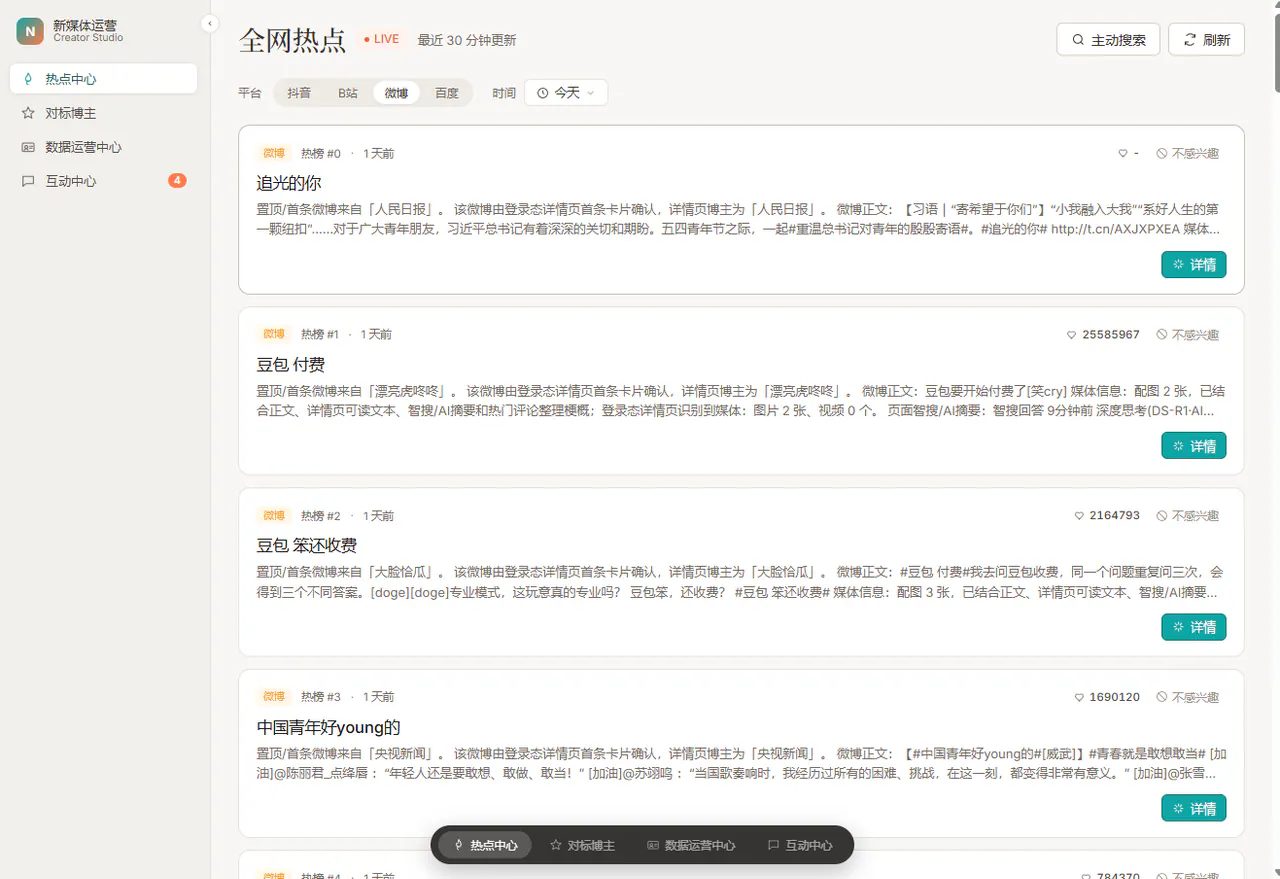 AIGC内容运营系统（不对外，有需要可联系展示） - 收集全网热点并提供分析意见
